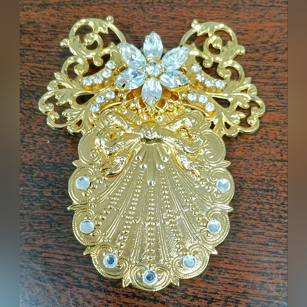 Vintage Jane 2000 AOL Gold Tone & Clear Rhinestones Layered ANGEL Brooch - Picture 1 of 2